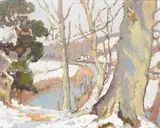 Letitia Marion Hamilton, SNOW SCENE; VIEW OF A RIVER BEND AND TREES