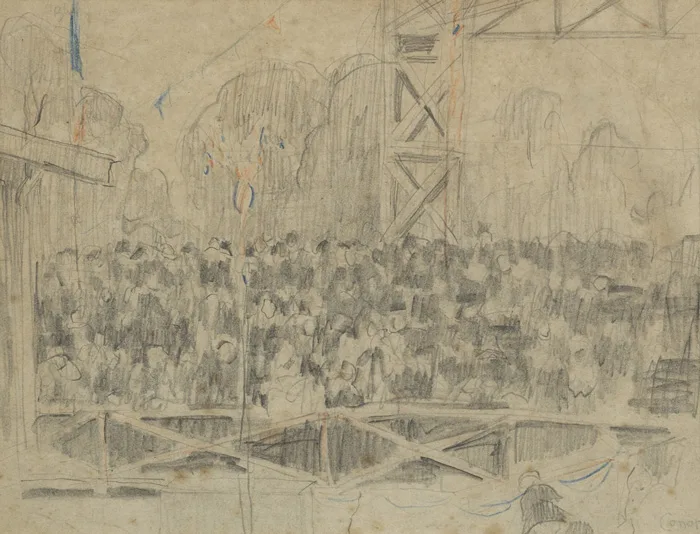 DOCKLAND SCENE WITH CRANES AND FIGURES by William Conor, pencil, offered Nov 2012
