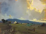 James Humbert Craig, NEAR DUNFANAGHY, COUNTY DONEGAL [LANDSCAPE WITH WOMAN HERDING A FLOCK OF TURKEYS, COTTAGE BEYOND]