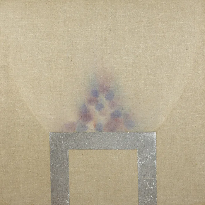 Patrick Scott, PYRE 5, 1982, oil on unprimed canvas with silver leaf