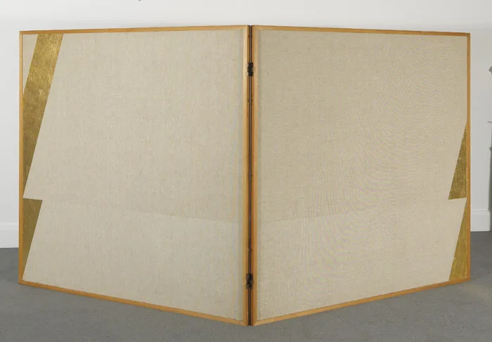 GOLD DIPTYCH [FOLDING SCREEN] by Patrick Scott, 1979-1980, acrylic and gold leaf on unprimed canvas, sold Nov 2012