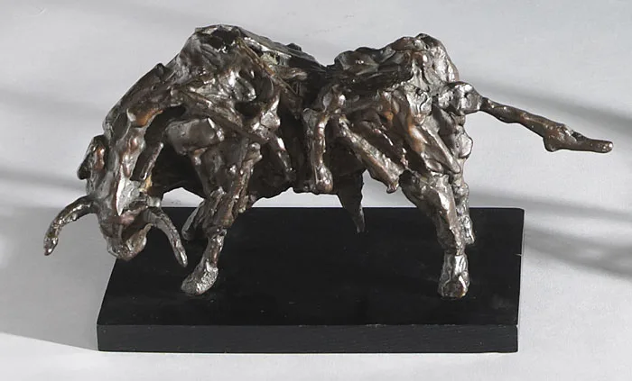 SPANISH BULL by John Behan, bronze on wooden base, sold Nov 2012
