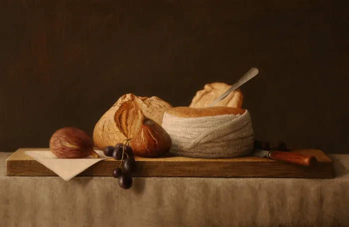 STILL LIFE WITH SHEEP'S CHEESE AND TWO FIGS by Stuart Morle, oil on board, sold Nov 2012