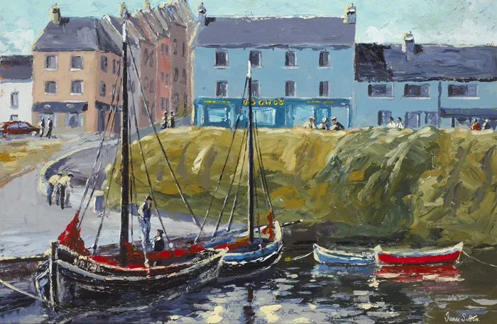 GALWAY HOOKERS BERTHED AT ROUNDSTONE HARBOUR by Ivan Sutton, oil on canvas board, offered Nov 2012
