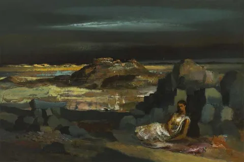 Daniel O'Neill, FIGURE ON A SHORE, oil on board