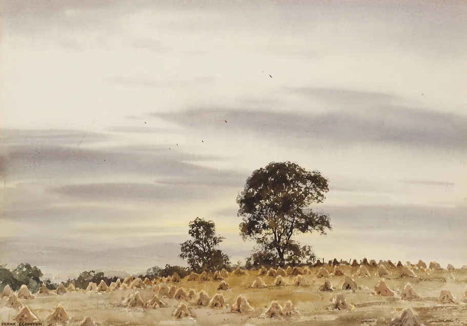 CORN STOOKS by Frank Egginton, watercolour, sold Mar 2012