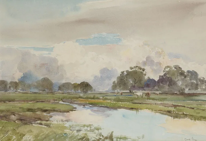 CATTLE BY A STREAM by Claude Hayes, watercolour, offered Mar 2012