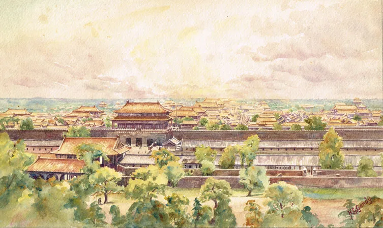 Henry George Gandy, THE FORBIDDEN CITY, PEKING (BEIJING), FROM COAL HILL, watercolour over pencil