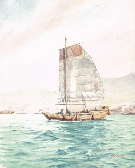 Henry George Gandy, A JUNK WITH THREE CREW IN HONG KONG HARBOUR, signed lower right