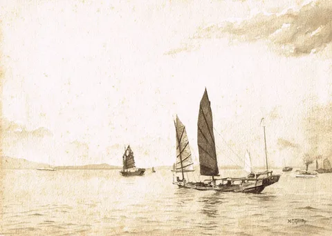 Henry George Gandy, JUNKS AND STEAMBOAT IN HONG KONG HARBOUR, signed lower right