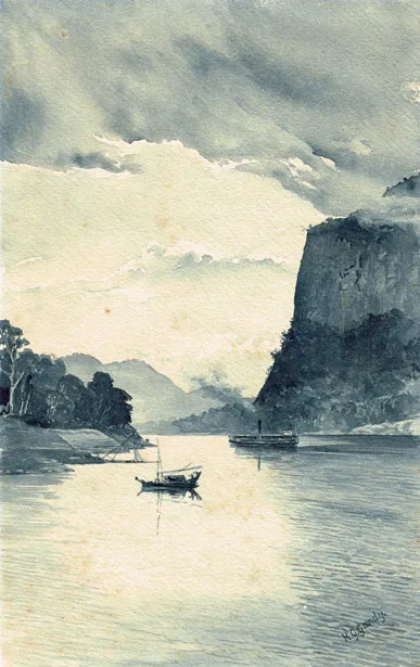 Henry George Gandy, GORGE ON RIVER IRAWADDY NORTH OF MANDALAY, BURMA, signed lower right; inscribed with title on reverse
