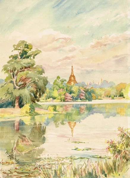 Henry George Gandy, VIEW OF SHIVE DAGOR PAGODA FROM POINT NEAR THE BOAT CLUB, BURMA, signed lower left