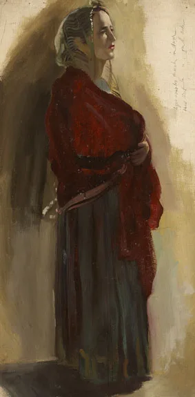 STANDING WOMAN IN RED SHAWL AND TWO OTHER FIGURE STUDIES IN OIL by Ernest Columba Hayes, oil on canvas; (unstretched), sold Mar 2012