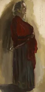 Ernest Columba Hayes, STANDING WOMAN IN RED SHAWL AND TWO OTHER FIGURE STUDIES IN OIL