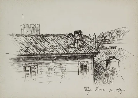 ROOFS, VERONA by Ernest Columba Hayes, 1968, biro, offered Mar 2012