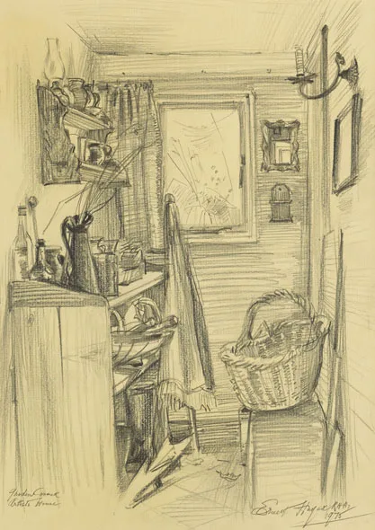 GARDEN CORNER, ARTIST'S HOME by Ernest Columba Hayes, 1975, pencil on tinted paper, sold Mar 2012