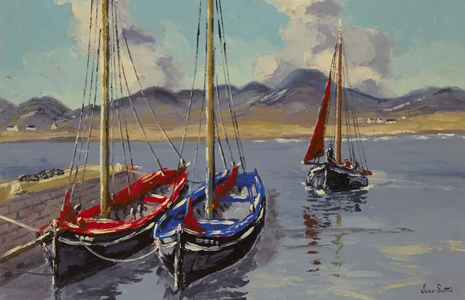 GALWAY HOOKERS BERTHED AT LETTERFRACK HARBOUR, CONNEMARA, COUNTY GALWAY by Ivan Sutton, oil on canvas board, sold Mar 2012
