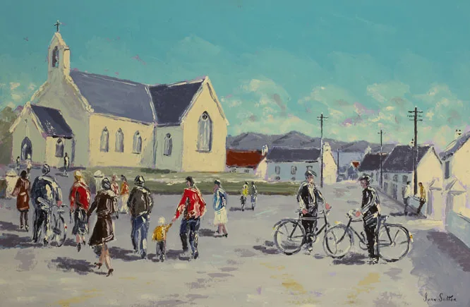 GOING TO MASS, ROUNDSTONE, COUNTY GALWAY by Ivan Sutton, oil on canvas board, offered Mar 2012