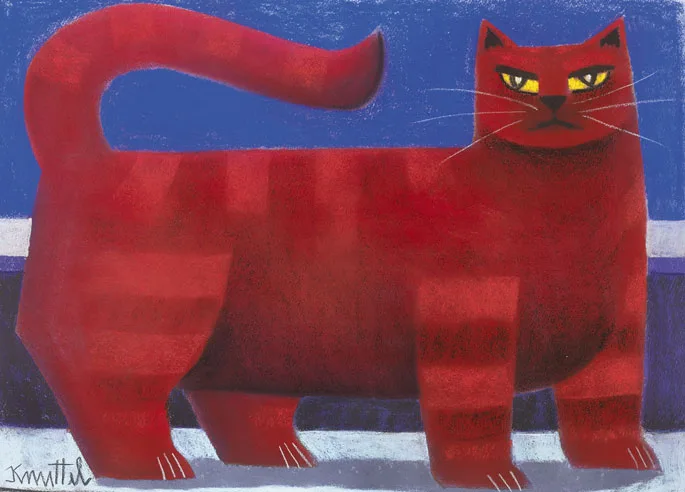 RED CAT AGAINST BLUE by Graham Knuttel, pastel, sold Mar 2012