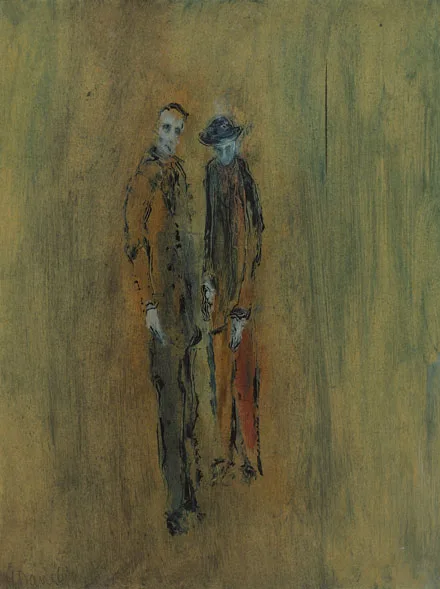 TWO FIGURES by Gerald Davis, 1969, oil with mixed media on board, sold Mar 2012