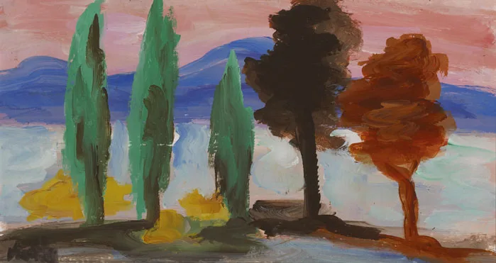 Markey Robinson, SUNSET WITH TREES, oil on board