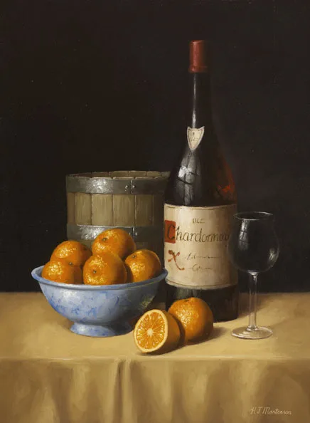 Hugh J. Masterson, STILL LIFE WITH CHARDONNAY AND ORANGES, oil on canvas