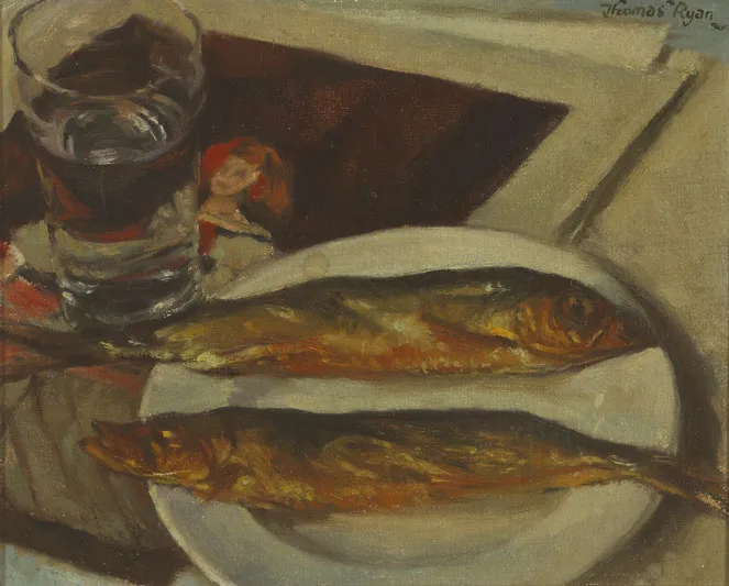 STILL LIFE WITH TWO FISH by Thomas Ryan, oil on board, sold Mar 2012