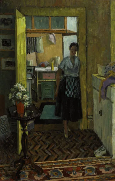 Frederick Henry Stonham, INTERIOR VIEW, LADY BY KITCHEN DOOR, 1955, oil on canvas