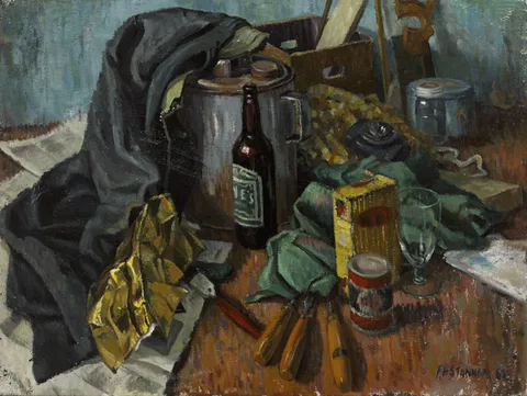 Frederick Henry Stonham, STILL LIFE WITH ARTIST'S MATERIALS, 1962, oil on canvas