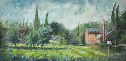 Frederick Henry Stonham, VILLAGE SCENE WITH CHURCH SPIRE, oil on board