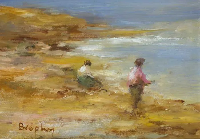 FIGURES ON THE SHORE by Elizabeth Brophy, oil on board, sold Dec 2011