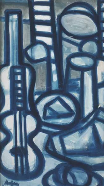 BLUE STILL LIFE by Markey Robinson, 1982, gouache on board, offered Dec 2011