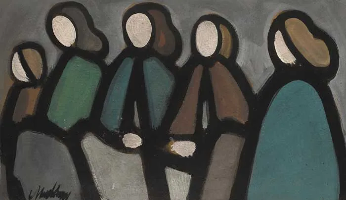 FIVE WOMEN by Markey Robinson, 1983, oil with gouache on board, offered Dec 2011
