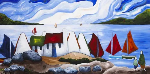 COTTAGES AND SAILBOATS by Annie Robinson, oil on canvas, offered Dec 2011