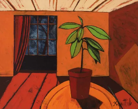 STILL LIFE, INTERIOR WITH POTTED PLANT by Graham Knuttel, oil on board, sold Dec 2011