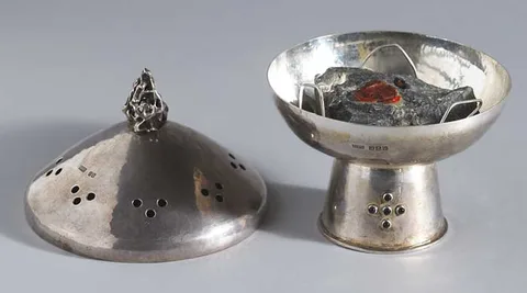Pádraig Ó Mathúna 1925-2019, SILVER HOLYWATER RECEPTACLE AND LOURDES STONE WITH RED WAX SEAL, 1976, silver with [5] gemstones; rock from Lourdes Grotto with red seal