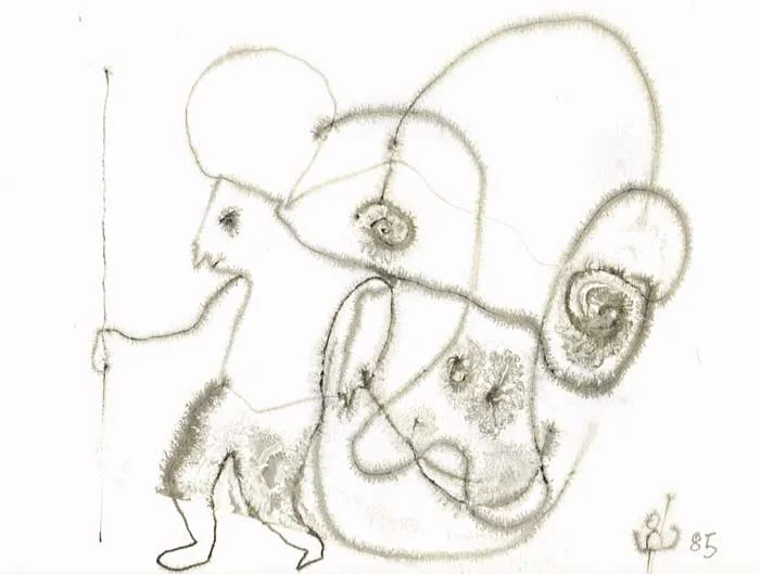 PRIMITIVE MAN WITH STAFF by John Kingerlee, 1985, pen and ink with wash and watercolour, sold Dec 2011