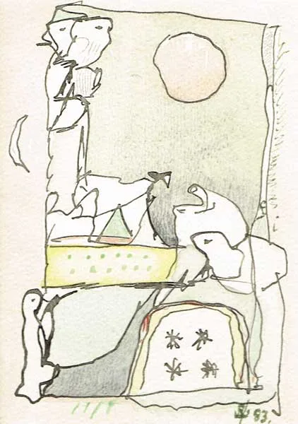 VIEW THROUGH A WINDOW WITH RED SUN by John Kingerlee, 1983, pen and ink with watercolour, sold Dec 2011