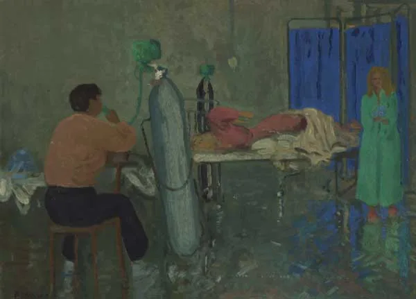 USING THE BIRD BREATHING AID by Patrick Leonard, 1974, oil on board, offered Dec 2011