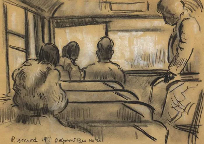 DOLLYMOUNT BUS, No. 20 by Patrick Leonard, 1957, charcoal heightened with white on buff-coloured paper, offered Dec 2011