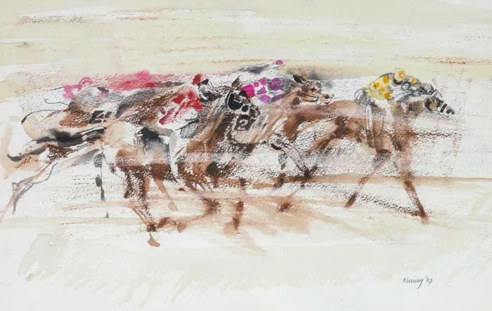 RACING by Desmond Kinney, 1987, watercolour over pencil, offered Dec 2011