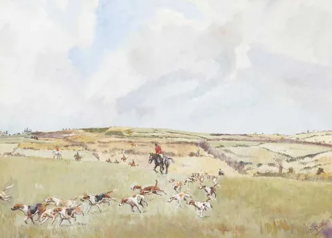 Captain J. D. Guille, COUNTY GALWAY HOUNDS ("THE BLAZERS") and THE KILKENNY HOUNDS (A PAIR), oil on canvas board, with hand-decorated mount