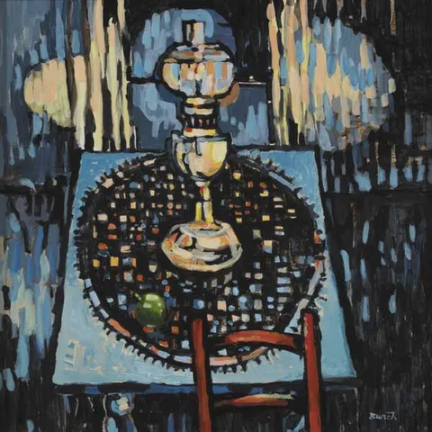 Lawson Burch, OIL LAMP AND RED CHAIR, acrylic on board