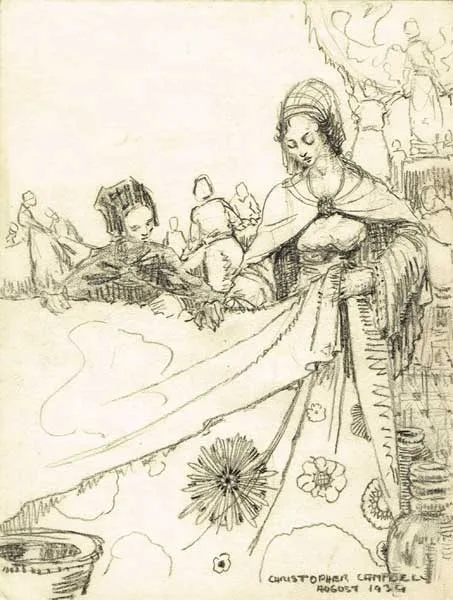 Christopher Campbell, AN ARCHIVAL COLLECTION OF DRAWINGS, WATERCOLOURS AND LETTERS, c.1930s, pencil (5); watercolour (1); ink (2); pastel (1); inscribed envelope (1); typed letters (14); (all unframed)