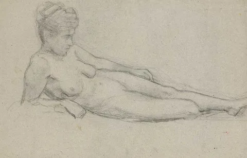 LIFE STUDY: RECLINING NUDE WITH HER HAIR UP by Sarah Purser, charcoal on buff coloured paper, offered Dec 2011