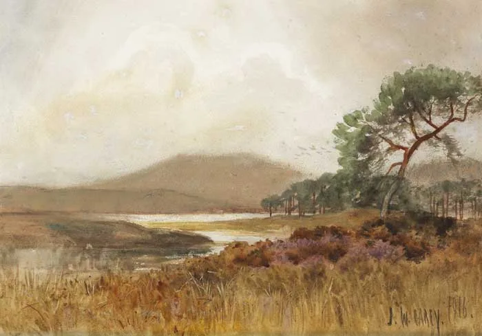 MOUNTAIN RIVER WITH HEATHERS AND TREES by Joseph William Carey, 1916, watercolour over pencil, offered Dec 2011
