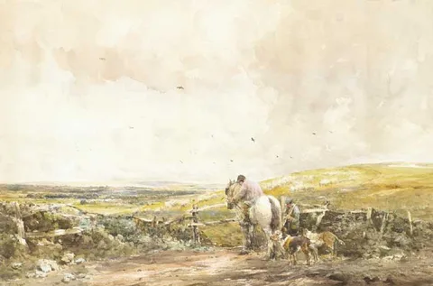 Claude Hayes, EXTENSIVE LANDSCAPE WITH RIDER AND HOUNDS, watercolour