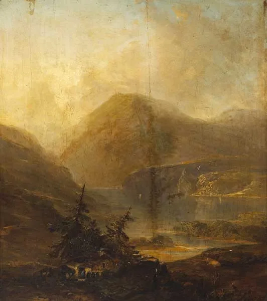 William Telbin, THE POWERSCOURT WATERFALL, COUNTY WICKLOW and COTTAGE WITH FIGURES AND CATTLES BY A LAKE (A PAIR), oil on board