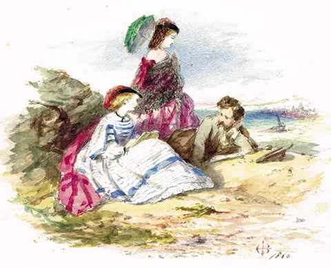 Frederick Henry Henshaw, LADIES AND A GENTLEMAN ON A BEACH, 1860 and CONNEMARA, 1858 (A PAIR), watercolour; (2); inscribed sheets; (2); (all unframed)