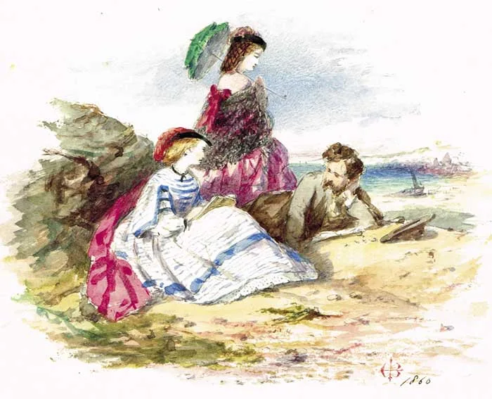 Frederick Henry Henshaw, LADIES AND A GENTLEMAN ON A BEACH, 1860 and CONNEMARA, 1858 (A PAIR), watercolour; (2); inscribed sheets; (2); (all unframed)